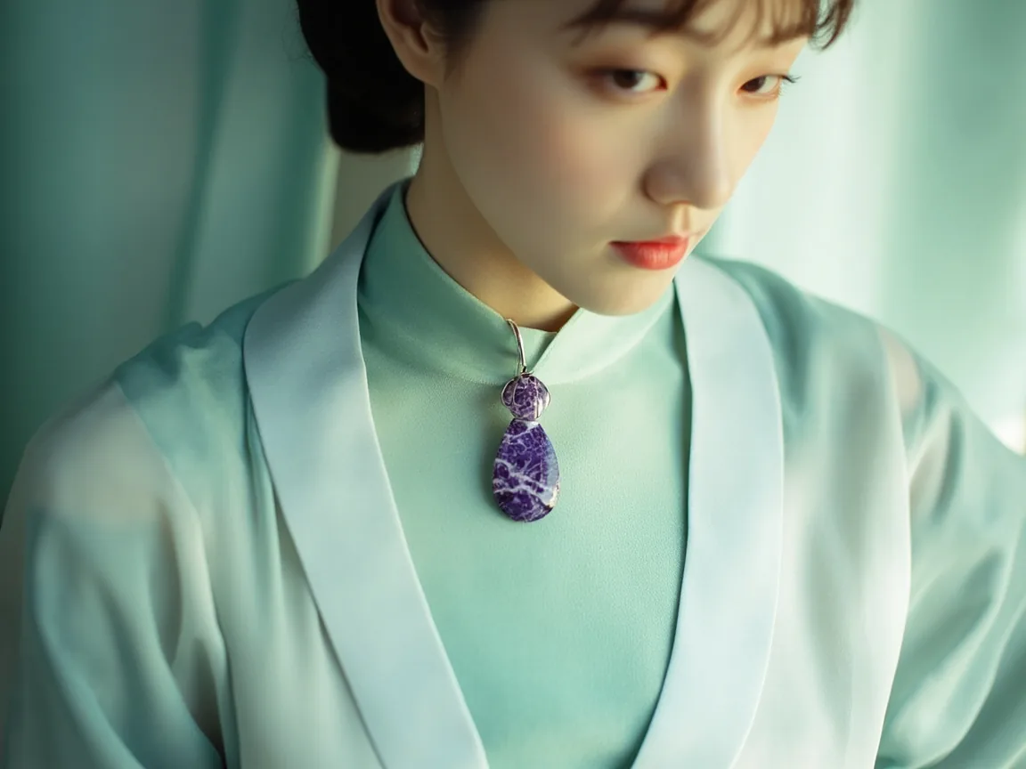 浅蓝绿色汉服配皇家紫舒俱来吊坠，仙气与传统并存